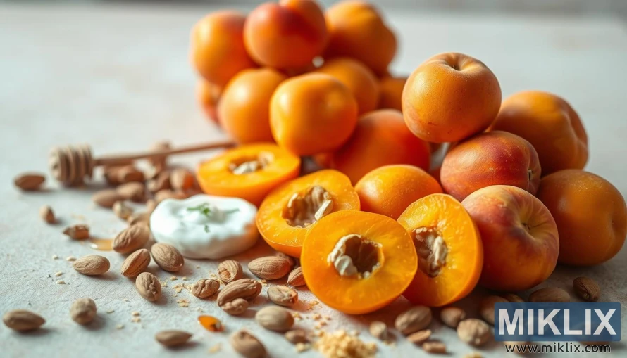 A colorful still life composition depicting the health benefits of apricots. In the foreground, a cluster of ripe, juicy apricots with their soft, orange skin glistening under warm, natural lighting. In the middle ground, an assortment of apricot halves, revealing their vibrant orange flesh and pale stones. Scattered around them are various superfood ingredients such as almonds, honey, and yogurt, hinting at the nutritional properties of the apricots. The background is a soft, blurred backdrop, allowing the vibrant colors and textures of the apricots and accompaniments to take center stage. The overall scene conveys a sense of freshness, wholesomeness, and the inherent health benefits of this versatile fruit.