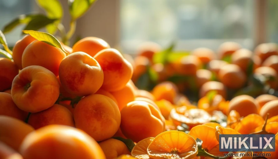 A lush, vibrant display of ripe apricots, bursting with a warm, golden glow from natural sunlight streaming through a window. In the foreground, a cluster of plump, juicy fruits radiates a soft, glowing aura, their velvety skin reflecting the rich hues of the autumn harvest. In the middle ground, a scattering of dried apricot slices, their deep orange tones complemented by the delicate leaves and stems that cling to them. In the background, a blurred, out-of-focus arrangement of fresh apricots, their shapes and colors hinting at the abundant health benefits hidden within. The overall mood is one of abundance, vitality, and the natural power of antioxidants.