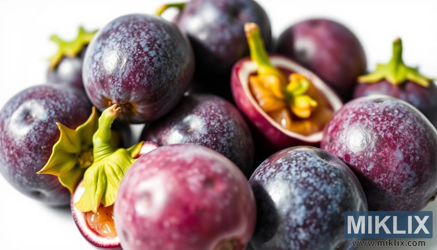 A vibrant, high-resolution close-up photograph of several freshly harvested passion fruits, showcasing their distinctive purple-blue hues and textured, dimpled surfaces. The passion fruits are arranged harmoniously on a clean, white background, allowing their natural beauty and alluring colors to take center stage. Soft, diffused lighting from the side casts subtle shadows, enhancing the three-dimensional form and organic contours of the fruits. The overall composition is balanced, inviting the viewer to appreciate the passion fruits' exceptional health benefits, such as their high vitamin C, antioxidant, and fiber content.