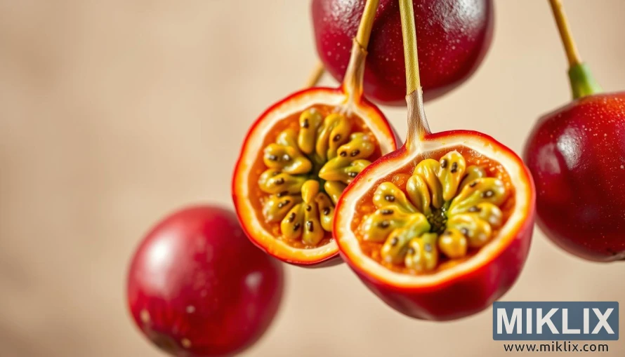 A vibrant, high-resolution image of ripe passion fruits, their lush purple-red skin glistening under warm, natural lighting. The fruits are suspended in mid-air, their inner flesh exposed to reveal an intricate network of tiny black seeds and a soft, juicy pulp. The background is a blurred, neutral palette that allows the antioxidant-rich passion fruits to take center stage. The overall composition is crisp, focused, and captures the essence of the fruit's healthy, nutrient-dense properties. The lighting is soft and diffused, creating a sense of depth and dimensionality. The angle is slightly elevated, providing an angled, three-quarter view of the passion fruits.