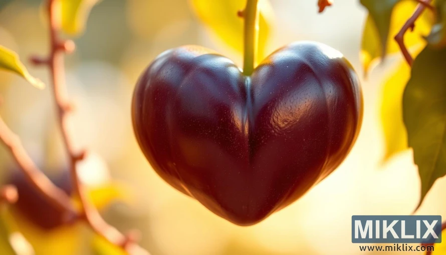 A vibrant and lush heart-shaped passion fruit, its deep purple hue radiating a sense of vitality. The fruit is centered in the frame, its textured skin and glistening highlights capturing the essence of natural health. In the background, a soft bokeh effect creates a dreamlike, serene atmosphere, while delicate passion fruit vines and leaves frame the composition, conveying a sense of connection between the fruit and its natural environment. Warm, golden lighting bathes the scene, evoking a feeling of nourishment and well-being. The overall image exudes a sense of balance, harmony, and the inherent heart-healthy properties of this superfruit.