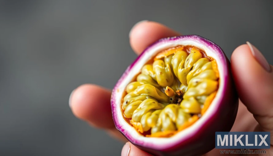 A close-up view of a passion fruit, its vibrant purple skin partially peeled away to reveal the tangy, seedy interior. The foreground shows the fruit's cross-section, highlighting the potential digestive issues and allergic reactions that can occur when consuming passion fruits in excess. The middle ground depicts a hand holding a passion fruit, emphasizing the tactile nature of the fruit. The background features a blurred, muted color palette, creating a sense of focus on the central health risk elements. The lighting is soft and natural, capturing the delicate texture of the fruit. The camera angle is slightly tilted, lending a sense of unease and caution to the scene.