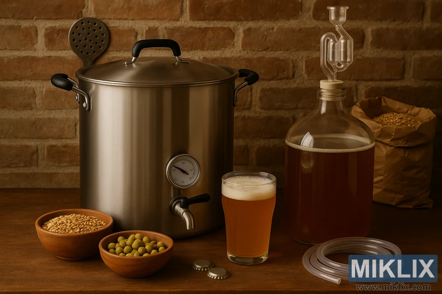 Rustic home brewing setup with kettle, fermenter of amber beer, malt, hops, and a freshly poured pint on a wooden table.