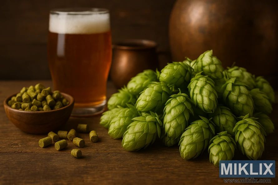 Fresh green hops, hop pellets, and a frothy amber beer set against a rustic brewing kettle in warm lighting.