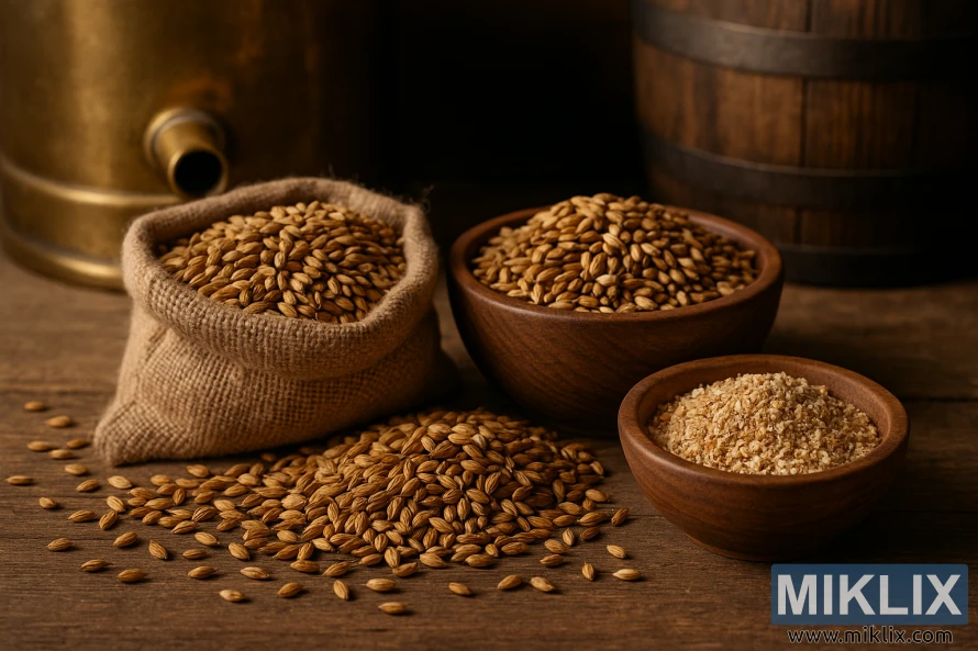 Burlap sack of malted barley with bowls of grains and crushed malt beside a copper kettle and wooden barrel.