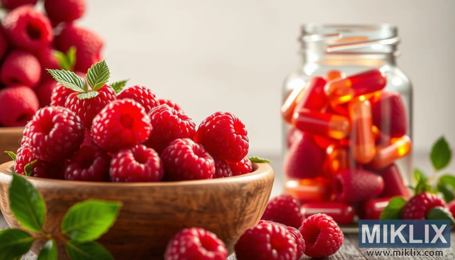 A vibrant, high-quality image of the benefits of raspberry ketones. In the foreground, an arrangement of fresh, juicy raspberries in a wooden bowl, their deep red hue glistening under warm, natural lighting. In the middle ground, a glass jar filled with raspberry ketone supplements, their capsules reflecting the light. In the background, a clean, minimalist backdrop, showcasing the purity and simplicity of the ingredients. The overall scene conveys a sense of health, wellness, and the natural goodness of raspberry ketones.