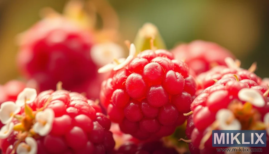 A vibrant close-up of lush, ripe raspberries against a soft, blurred background. The berries are glistening, their deep red hues complemented by delicate white blossoms. Warm, diffused lighting casts a gentle glow, highlighting the natural textures and contours of the fruit. The composition emphasizes the visual appeal and health-promoting properties of raspberry ketones, conveying a sense of vitality and wellness. The image should inspire a sense of the nutritional benefits and potential therapeutic applications of this botanical compound.