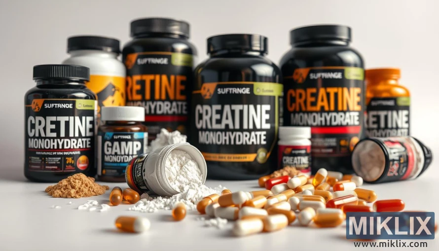 A well-lit, high-resolution photograph of various creatine monohydrate supplements, including powders, capsules, and tablets, arranged in an aesthetically pleasing composition. The foreground features the supplements in focus, showcasing their texture, color, and branding. The middle ground includes a clean, minimalist background, perhaps a plain white or gray surface, to highlight the supplements. The lighting is soft and diffused, creating a warm, inviting atmosphere that emphasizes the purity and quality of the creatine monohydrate products. The overall image conveys the benefits of using creatine monohydrate supplements, such as improved muscle strength, power, and endurance.