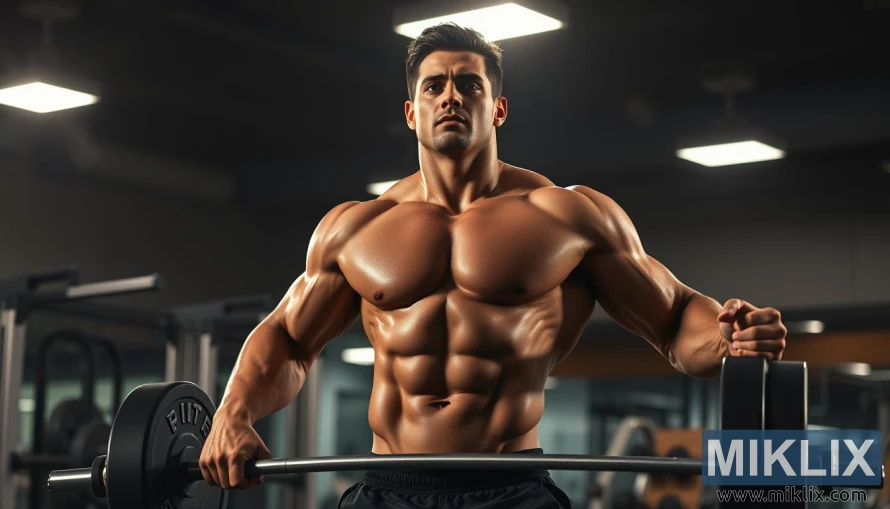 A muscular male figure stands in a dimly lit gym, sweat glistening on his toned physique. Strong beams of warm light from overhead spotlights cast dramatic shadows, highlighting the defined contours of his biceps, abs, and quadriceps. In the background, a blur of exercise equipment and free weights suggests an intense workout session. The subject's expression conveys a sense of determination and focus, captured mid-movement as he lifts a heavy barbell, exemplifying the process of muscle growth and recovery.