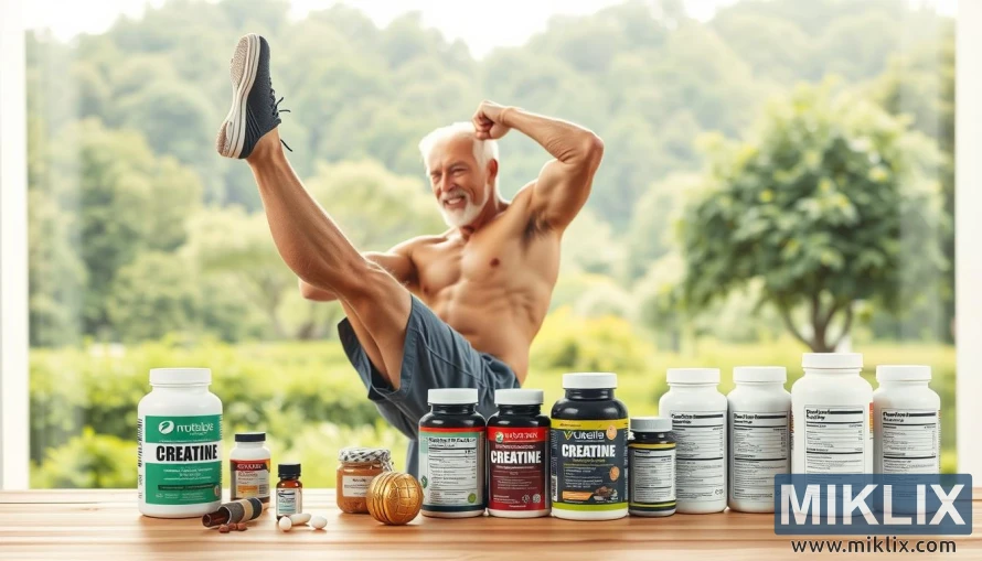 A well-lit studio scene showcasing the benefits of creatine for older adults. In the foreground, a senior man in athletic wear performs a set of leg raises, his muscles visibly toned. In the middle ground, a table displays various creatine supplements and nutritional information. The background features a serene, natural setting with lush greenery and a warm, diffused lighting, creating a calming, wellness-focused atmosphere. The overall composition emphasizes the improved strength, mobility, and quality of life that creatine can provide for older individuals.