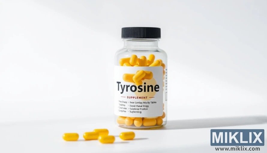 A high-quality product photograph of a glass bottle filled with yellow-colored tyrosine supplement tablets, placed on a plain white background. The lighting is soft and diffused, creating a clean, professional appearance. The bottle is positioned at a slight angle, showcasing the contents and label details. The focus is sharp, and the depth of field is shallow, drawing the viewer's attention to the key elements. The overall mood is one of simplicity, clarity, and a focus on the health benefits of the tyrosine supplement.