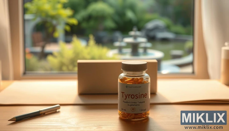 A relaxing scene of a desk with a jar of tyrosine supplements, set against a serene backdrop of a calming nature landscape. The desk is illuminated by soft, indirect lighting, creating a warm and inviting atmosphere. In the foreground, the jar of tyrosine is prominently displayed, its golden-yellow capsules reflecting the gentle light. Behind the desk, a window overlooks a tranquil garden, with lush green foliage and a calming water feature. The overall composition conveys a sense of balance, harmony, and the potential for tyrosine to help manage stress and promote well-being.