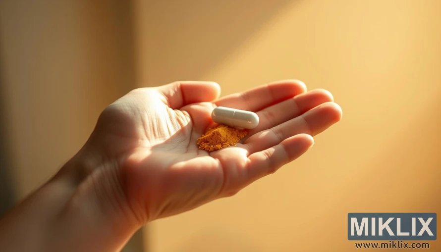 A well-lit, high-resolution image of a close-up view of a hand holding a white capsule filled with yellow powder against a blurred background. The capsule is positioned prominently in the center of the frame, casting a soft shadow. The lighting is natural, creating a warm, inviting atmosphere. The background is a soft, out-of-focus gradient, allowing the capsule to be the focal point. The overall impression conveys the idea of a dietary supplement for physical performance, with the yellow powder inside the capsule representing the key ingredient, tyrosine.