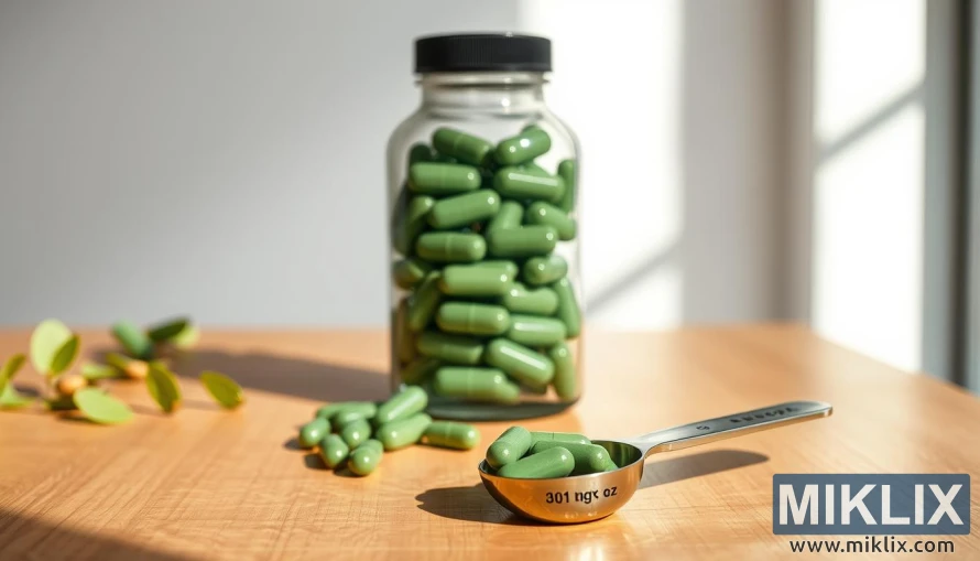 Bacopa Monnieri supplements dosage and administration. A clear glass bottle filled with green Bacopa Monnieri capsules placed on a wooden table, illuminated by soft, natural lighting. In the foreground, a measuring spoon holds a specific dosage of the supplements. The middle ground features a clean, minimalist backdrop, allowing the product to be the focal point. The image conveys a sense of wellness, purity, and simplicity, reflecting the natural benefits of the Bacopa Monnieri plant.