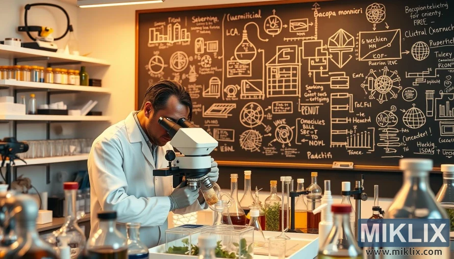 A detailed laboratory setup with research equipment and scientific instruments. In the foreground, a researcher in a white lab coat examines a sample of Bacopa monnieri under a high-powered microscope. The middle ground features various analytical tools such as beakers, test tubes, and Bunsen burners. The background showcases a wall-mounted chalkboard with diagrams, formulas, and notes related to the plant's properties and potential applications. Soft, warm lighting illuminates the scene, creating an atmosphere of thoughtful investigation and discovery. The overall mood is one of scientific inquiry and the pursuit of deeper understanding about the medicinal benefits of this ancient Ayurvedic herb.