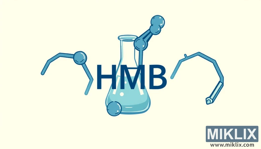 高解像度で精緻なHMB（ベータヒドロキシベータメチルブチレート）の化学構造を、クリーンでミニマルな背景に描き出しています。分子は前景に描かれ、青とグレーの濃淡とシャープで精緻な線で描かれています。中景にはビーカーや試験管などの科学機器が描かれ、実験室の雰囲気を醸し出しています。背景はニュートラルなオフホワイトで、中心となる主題に焦点が当てられ、明瞭な印象を与えています。全体的な雰囲気は、科学的な好奇心と細部へのこだわりを表現しています。