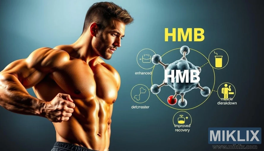 HMBサプリメントが運動適応にもたらす効果を詳細に描いたイラスト。前景には、HMBの効果によって鍛え上げられた体格の、力強い動きをする筋肉質の男性アスリートが描かれている。中景にはHMBの分子モデルが浮かび、その周囲には筋タンパク質合成の向上、筋分解の減少、回復促進を表すアイコンが配置されている。背景は青とグレーのグラデーションで、技術的かつ科学的な奥行き感を醸し出している。側面からの温かみのある照明がドラマチックな影を落とし、アスリートの筋肉組織を強調している。このシーンは広角レンズで撮影されており、被写体の全体像を捉えている。