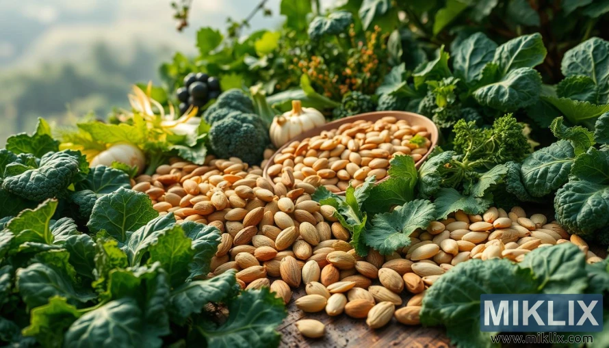 A lush, verdant landscape filled with various natural sources of D-Aspartic Acid. In the foreground, a close-up view of a cluster of leafy, green plants such as spinach, kale, and broccoli, their textures and colors captured in vivid detail. In the middle ground, a variety of nuts, seeds, and legumes - including almonds, pumpkin seeds, and soybeans - scattered across a wooden surface, their organic shapes and warm tones creating a harmonious composition. In the background, a hazy, atmospheric setting with soft, natural lighting, suggesting a serene and nourishing environment for these wholesome, D-Aspartic Acid-rich ingredients.