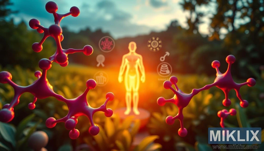 Vibrant and detailed illustration of the benefits of L-Lysine supplements. In the foreground, a close-up of L-Lysine amino acid molecules, their intricate molecular structures rendered in vivid colors. In the middle ground, a healthy human figure, glowing with vitality, surrounded by icons symbolizing L-Lysine's benefits: boosting immune function, reducing cold sore outbreaks, aiding calcium absorption, and promoting collagen production. The background features a serene, nature-inspired setting, with lush greenery and a calming color palette, conveying the overall sense of wellness and balance associated with L-Lysine supplementation. Dramatic, warm lighting casts a gentle glow over the entire scene, adding depth and dimension. Photographed with a wide-angle lens to capture the full scope of the illustration.