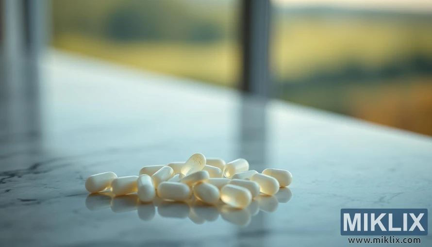 A serene, softly lit close-up of a handful of L-lysine supplements resting on a soothing, textured surface, perhaps a marble or stone countertop. The supplements should be well-defined, with a subtle glow that captures the essence of their healing properties. In the background, a tranquil, blurred landscape unfolds, evoking a sense of peace and calm. The overall composition should convey a harmonious balance between the supplements and their calming, anxiety-relieving effects.