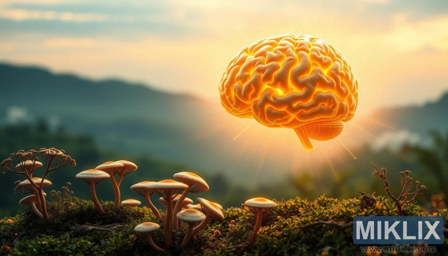 A vibrant and dynamic scene depicting cognitive enhancement through the power of Lion's Mane mushroom. In the foreground, a glowing, ethereal brain hovers, surrounded by a halo of warm, golden light. Intricate neural pathways radiate outward, pulsing with energy. In the middle ground, clusters of Lion's Mane mushrooms emerge, their delicate, branching caps reflecting the luminous glow. The background features a serene, natural landscape, with lush greenery and a soft, diffused sky, creating a sense of tranquility and balance. The overall composition conveys a harmonious interplay between the physical and the cognitive, highlighting the symbiotic relationship between the brain and the natural world.