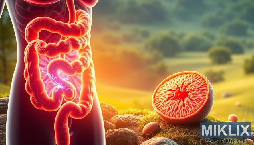 A vibrant, hyper-realistic illustration depicting the benefits of Lion's Mane Mushroom for digestive health. In the foreground, a healthy, glowing intestine is prominently featured, with the Lion's Mane Mushroom emerging from within, symbolizing its restorative properties. The middle ground showcases a cross-section of the mushroom, revealing its intricate, fibrous structure. In the background, a serene, natural landscape sets the scene, with lush greenery and soothing hues to convey a sense of balance and harmony. Warm, diffused lighting casts a gentle glow over the entire composition, creating a calming and inviting atmosphere. The overall image should evoke a sense of optimism and well-being, highlighting the potential of Lion's Mane Mushroom to support digestive health.