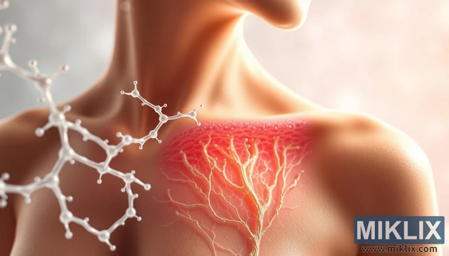 A detailed cross-section of the human skin, revealing the intricate structure and function of hyaluronic acid. In the foreground, delicate strands of hyaluronic acid intertwine, forming a lattice-like network that supports and hydrates the skin. In the middle ground, fibroblasts and collagen fibers are visible, illustrating how hyaluronic acid works in tandem with these essential skin components. The background showcases a softly lit, ethereal rendering of the skin's epidermis and dermis, highlighting the critical role of hyaluronic acid in maintaining skin health and youthfulness. The overall scene conveys a sense of balance, beauty, and the vital importance of this remarkable molecule.