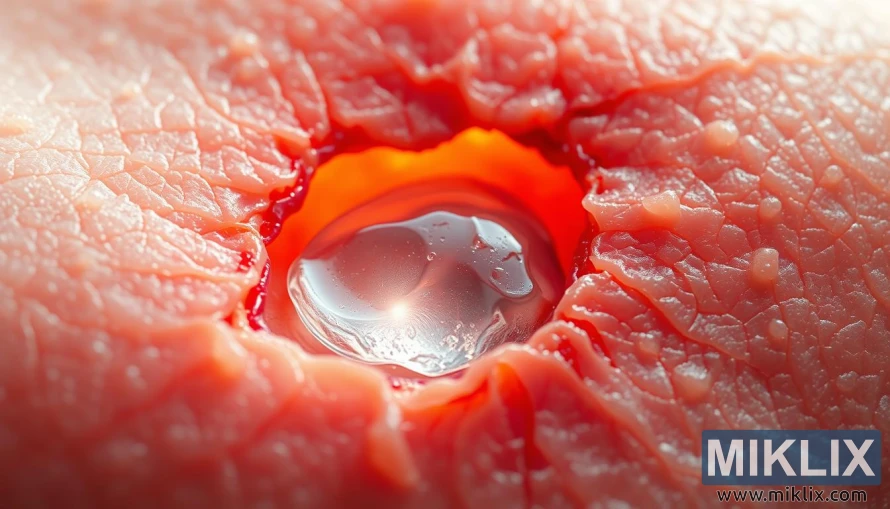 A close-up view of a freshly wounded skin surface, with the epidermis partially torn away, revealing the underlying dermis. The wound is surrounded by a glow of soft, warm light, highlighting the intricate network of blood vessels and tissue fibers. In the center, a viscous, transparent substance - hyaluronic acid - is visibly aiding the healing process, stimulating cell migration and proliferation, and promoting collagen production. The scene conveys a sense of the dynamic, regenerative power of this essential molecule, working to restore the skin's integrity and function.