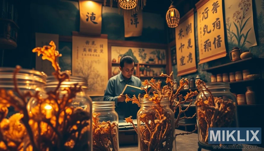 Một phòng nghiên cứu y học cổ truyền Trung Quốc, được chiếu sáng mờ ảo với tông màu hổ phách ấm áp. Ở phía trước, những chiếc lọ đựng đầy mẫu nấm đông trùng hạ thảo khô, hình dạng phân nhánh phức tạp của chúng tạo nên bóng đổ. Ở giữa, một học giả đang nghiền ngẫm các văn bản cổ, lần theo lịch sử được ghi chép về việc sử dụng đông trùng hạ thảo trong y học. Phần nền mô tả một bức tranh tường về một hiệu thuốc thảo dược truyền thống của Châu Á, những chiếc kệ chất đầy các loại thực vật kỳ lạ. Ánh sáng khuếch tán lọc qua những cuộn lụa treo, tạo nên bầu không khí trầm tư, tôn kính. Được sáng tác theo phong cách điện ảnh, cảnh này nắm bắt được ý nghĩa vượt thời gian của đông trùng hạ thảo trong các phương pháp chăm sóc sức khỏe toàn diện của phương Đông.