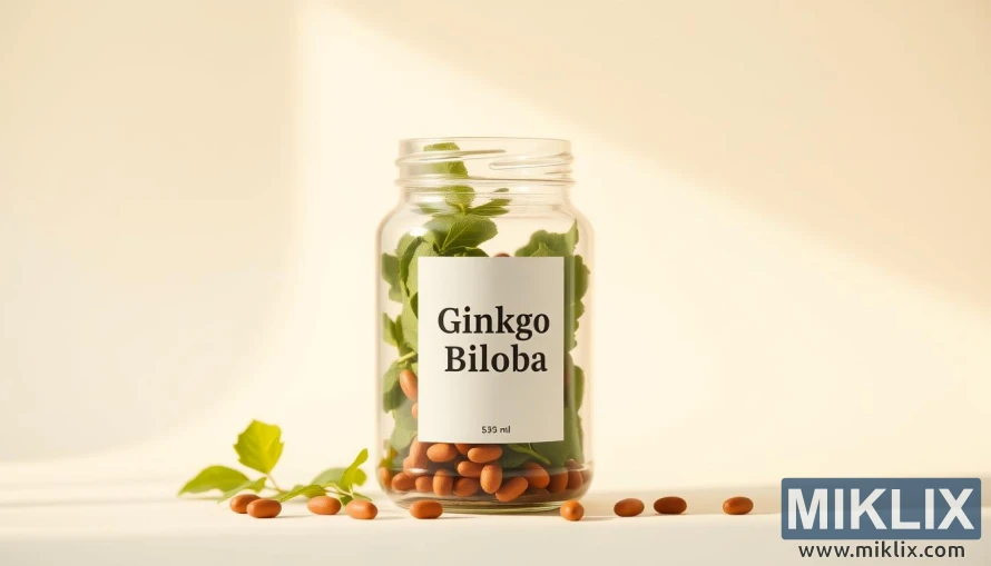 Một lọ thủy tinh chứa đầy các chất bổ sung Ginkgo Biloba, được đặt trên một nền sáng, sạch sẽ. Lọ có nhãn đơn giản với logo Ginkgo Biloba, giới thiệu những chiếc lá và hạt xanh tươi bên trong. Ánh sáng tự nhiên ấm áp tạo ra ánh sáng dịu nhẹ, làm nổi bật kết cấu hữu cơ và màu sắc phong phú của các chất bổ sung. Bố cục cân bằng, với lọ được đặt ở giữa, cho phép người xem tập trung vào chủ đề chính. Tâm trạng chung là sự tinh khiết, sức khỏe và những lợi ích tự nhiên của phương thuốc thảo dược cổ xưa này.