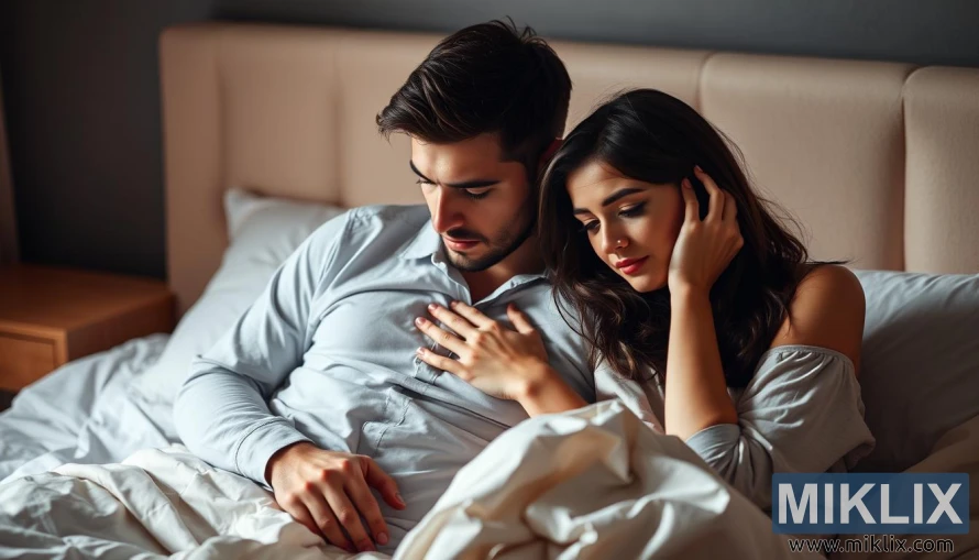 Một cặp đôi ngồi trên giường, người đàn ông trông chán nản và người phụ nữ an ủi anh ta. Ánh sáng dịu nhẹ, ấm áp chiếu sáng khuôn mặt họ, truyền tải cảm giác thân mật và dễ bị tổn thương. Ga trải giường nhàu nhĩ, ám chỉ sự hỗn loạn cảm xúc mà họ đang trải qua. Bối cảnh bị làm mờ, tập trung vào cặp đôi và cuộc đấu tranh của họ với chứng rối loạn chức năng tình dục. Tâm trạng chung là sự đồng cảm, thấu hiểu và hy vọng tìm ra giải pháp.