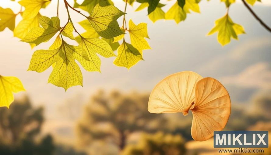 Một hình minh họa thực vật thanh bình giới thiệu cây Bạch quả. Ở phía trước, những chiếc lá xanh mỏng manh rung rinh trong làn gió nhẹ, các đường gân và kết cấu của chúng được thể hiện tỉ mỉ. Ở giữa, một mặt cắt ngang của những chiếc lá hình quạt đặc trưng của cây cho thấy cấu trúc bên trong phức tạp của chúng. Nền có cảnh quan mờ ảo, mềm mại với những hàng cây mờ ảo và các yếu tố tự nhiên, tạo cảm giác sâu sắc và yên bình. Ánh sáng ấm áp và khuếch tán, chiếu một ánh sáng vàng lên toàn cảnh. Bố cục tổng thể truyền tải vẻ đẹp tự nhiên và đặc tính chữa bệnh của loài cây cổ xưa này, mời gọi người xem cân nhắc đến sự an toàn và tác dụng phụ tiềm ẩn của nó.