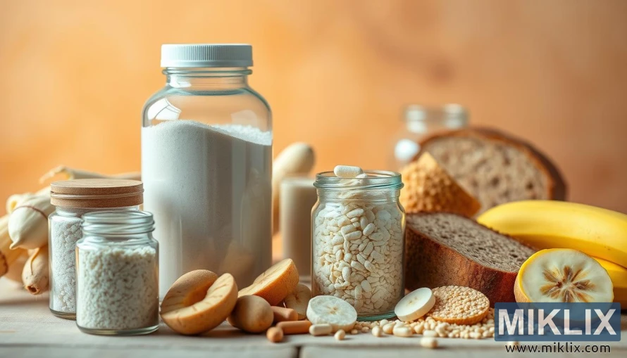 A vibrant, high-resolution image of a variety of inulin supplements against a soft, warm-toned background. In the foreground, several glass bottles and jars filled with pale, fibrous inulin powder and supplements are arranged neatly. The middle ground features a few sliced fruits and vegetables, such as chicory roots, bananas, and whole grain bread, to represent the digestive health benefits of inulin. Soft, natural lighting casts a soothing glow, highlighting the earthy tones and textures of the scene. The overall composition conveys a sense of wellness, balance, and the natural goodness of inulin supplements.