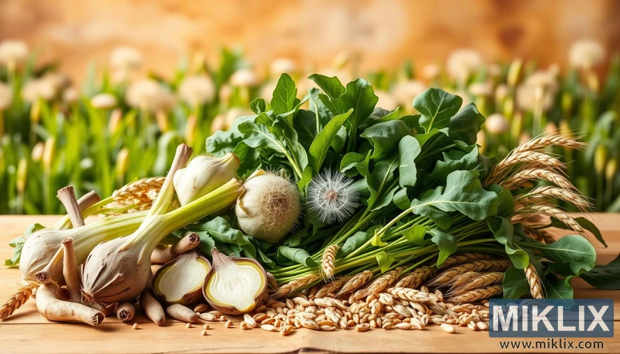 A bountiful still life showcasing an array of natural sources of inulin, set against a warm, earthy backdrop. In the foreground, a collection of chicory roots, Jerusalem artichokes, and dandelion greens are arranged in a visually appealing manner, their textures and colors accentuated by soft, directional lighting. In the middle ground, a scattering of whole-grain wheat, rye, and barley stalks add visual interest and a sense of the grain-based origins of inulin. The background features a slightly blurred, but still recognizable, field of lush, green foliage, hinting at the abundant, natural environment from which these inulin-rich ingredients are derived. The overall composition and lighting evokes a sense of health, vitality, and the bountiful harvest of nature's gifts.