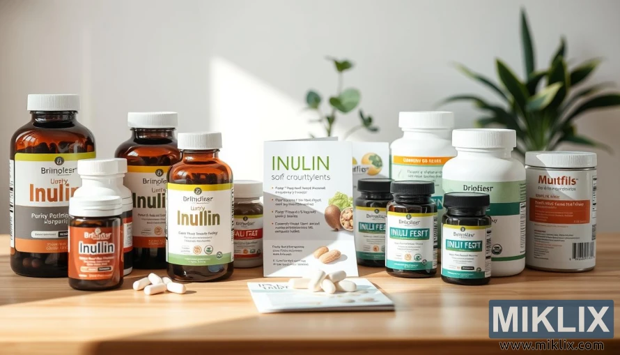 A well-lit display of various inulin supplement bottles and containers, showcased on a clean, minimalist wooden table. The foreground features a selection of high-quality inulin products with clear labeling, highlighting their purity, potency, and health benefits. The middle ground includes a few informative brochures or product leaflets, providing details on the science and research behind inulin supplementation. The background subtly suggests a serene, natural environment, perhaps with a potted plant or a simple, uncluttered wall, creating a sense of tranquility and wellness. The overall composition emphasizes the careful consideration and thoughtful selection of inulin supplements, inviting the viewer to make an informed decision.