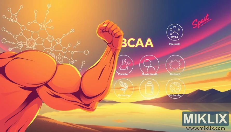 Một hình minh họa cách điệu mô tả những lợi ích chính của các chất bổ sung axit amin chuỗi nhánh (BCAA). Ở phía trước, một cánh tay cơ bắp đang uốn cong trên nền của các cấu trúc phân tử và biểu tượng chất dinh dưỡng, tượng trưng cho các hiệu ứng tăng cường hiệu suất. Ở giữa, các biểu tượng phát sáng tượng trưng cho khả năng thúc đẩy tăng trưởng cơ, phục hồi và đốt cháy chất béo của BCAA. Ở phía sau, một khung cảnh thanh bình nhưng tràn đầy năng lượng với các sắc thái sống động, truyền tải cảm giác tràn đầy sức sống và khỏe mạnh. Ánh sáng ấm áp, mạnh mẽ chiếu sáng toàn cảnh, tạo ra bầu không khí đầy khát vọng, tập trung vào sức khỏe. Được thể hiện theo phong cách tối giản, hiện đại với trọng tâm là các đường nét gọn gàng, màu sắc đậm và bố cục năng động.