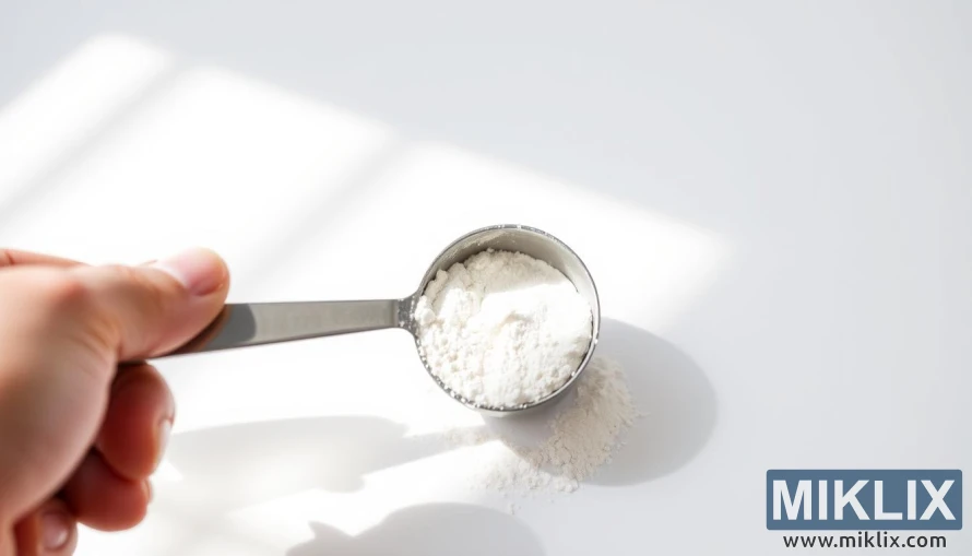 Một hình ảnh cận cảnh được chiếu sáng tốt của một bàn tay đang cầm một muỗng bột axit amin chuỗi nhánh (BCAA) trên nền trắng sạch. Muỗng được đặt nổi bật ở phía trước, tạo ra một cái bóng mềm mại trên bề mặt. Ánh sáng tự nhiên và khuếch tán, tạo ra ánh sáng sáng, đều làm nổi bật kết cấu và màu sắc của bột BCAA. Độ sâu trường ảnh nông, giữ cho muỗng luôn sắc nét trong khi làm mờ nhẹ nền. Tâm trạng chung sạch sẽ, nhiều thông tin và mang tính giáo dục, truyền tải tầm quan trọng của liều lượng BCAA phù hợp.