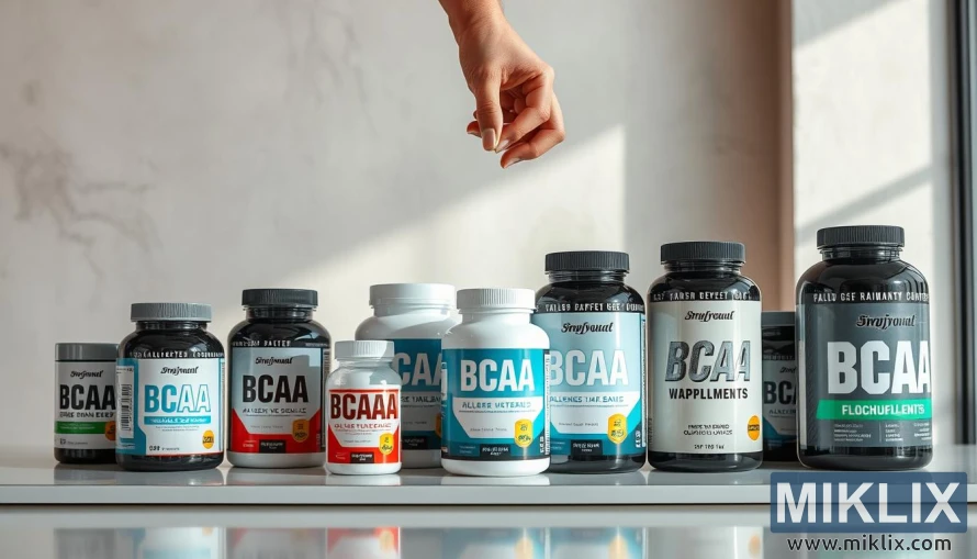 Một màn hình sản phẩm được chiếu sáng tốt, trưng bày nhiều loại chai và bao bì thực phẩm bổ sung BCAA. Ở phía trước, một số loại thực phẩm bổ sung BCAA chất lượng cao có nhãn hiệu và thương hiệu rõ ràng được sắp xếp gọn gàng trên một bề mặt bóng bẩy, tối giản. Ở giữa, bàn tay của một người đang với tới để cầm một trong những chai, làm nổi bật quá trình ra quyết định. Phần nền có môi trường sạch sẽ, hiện đại với kết cấu tinh tế và màu sắc trung tính để thu hút sự chú ý của người xem vào các loại thực phẩm bổ sung. Toàn bộ khung cảnh truyền tải cảm giác chu đáo và đưa ra quyết định sáng suốt khi lựa chọn thực phẩm bổ sung BCAA phù hợp với nhu cầu của mình.