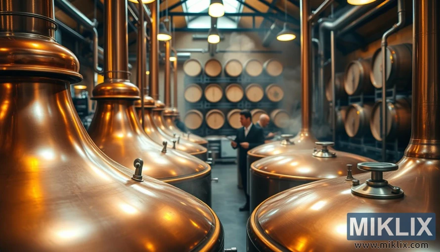 A bustling brewery interior, with gleaming copper brew kettles taking center stage. The warm glow of overhead lighting reflects off the shiny surfaces, casting a cozy ambiance. In the foreground, brewers diligently monitor the boiling wort, carefully adding fragrant Amarillo hop pellets to the mix. The air is thick with the earthy, citrusy aroma of the hops, mingling with the malty scents of the brewing process. In the background, a row of oak barrels stands tall, hinting at the aging and conditioning to come. The scene captures the artistry and attention to detail that goes into crafting the perfect Amarillo hop-infused beer.