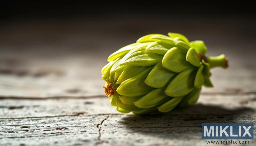 Amarillo hops, a vibrant green cone with delicate yellow lupulin glands, resting on a wooden surface. Crisp studio lighting casts dramatic shadows, revealing intricate textures and striations. A close-up view, captured through a high-quality macro lens, showcases the hops' technical specifications - the resin-laden interior, the papery bracts, and the sturdy central stem. The background is a neutral gray, allowing the hops to take center stage and command attention. The overall mood is one of scientific precision and technical fascination, inviting the viewer to examine the hops' inner workings in vivid detail.