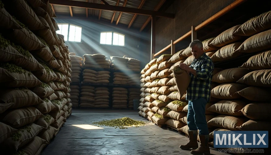 Amarillo hops storage: a dimly lit warehouse interior, stacks of burlap sacks lining the shelves, their vibrant green hues emitting a earthy, herbal aroma. Hazy beams of natural light filter through high windows, casting soft shadows across the scene. The concrete floor is slightly worn, adding a sense of weathered character. In the foreground, a worker in a flannel shirt and work boots carefully examines a sack, feeling its weight and texture. The atmosphere is one of reverence and attention to detail, as this essential ingredient for craft beer is handled with care.