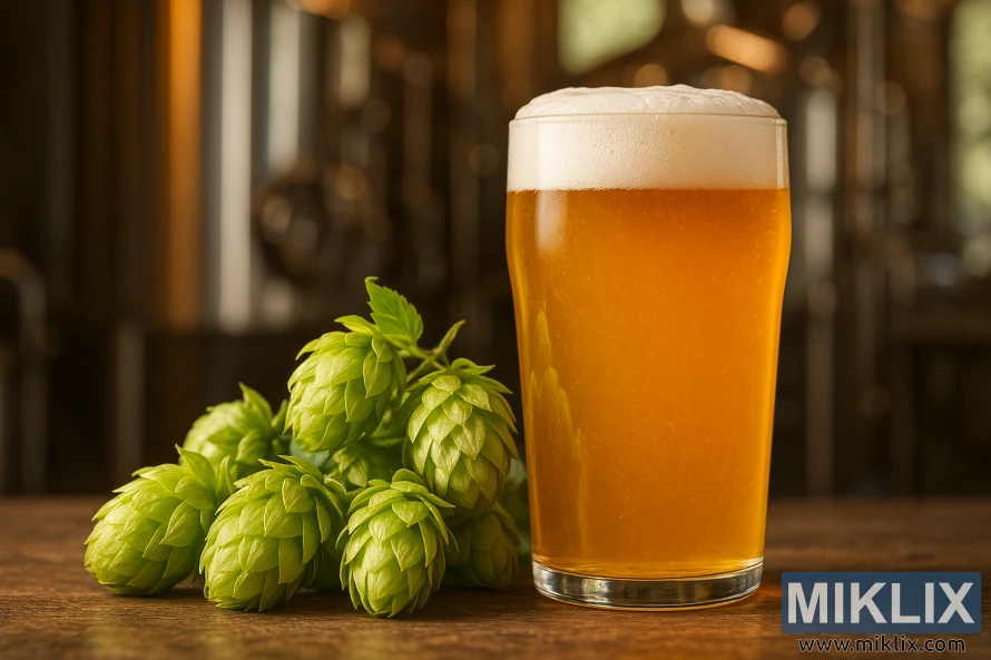 A glass filled with a golden, hoppy beer, with a frothy white head. In the foreground, a cluster of fresh, vibrant green Citra hops spill out, their distinctive cone-shaped buds and aromatic lupulin glands clearly visible. The hops are backlit by a warm, natural light, casting a soft, inviting glow. In the background, a blurred, out-of-focus image of a brewhouse, with gleaming stainless steel tanks and a sense of the bustling activity of the brewing process. The overall mood is one of craftsmanship, quality, and the celebration of the unique flavors and aromas of the Citra hop varietal.