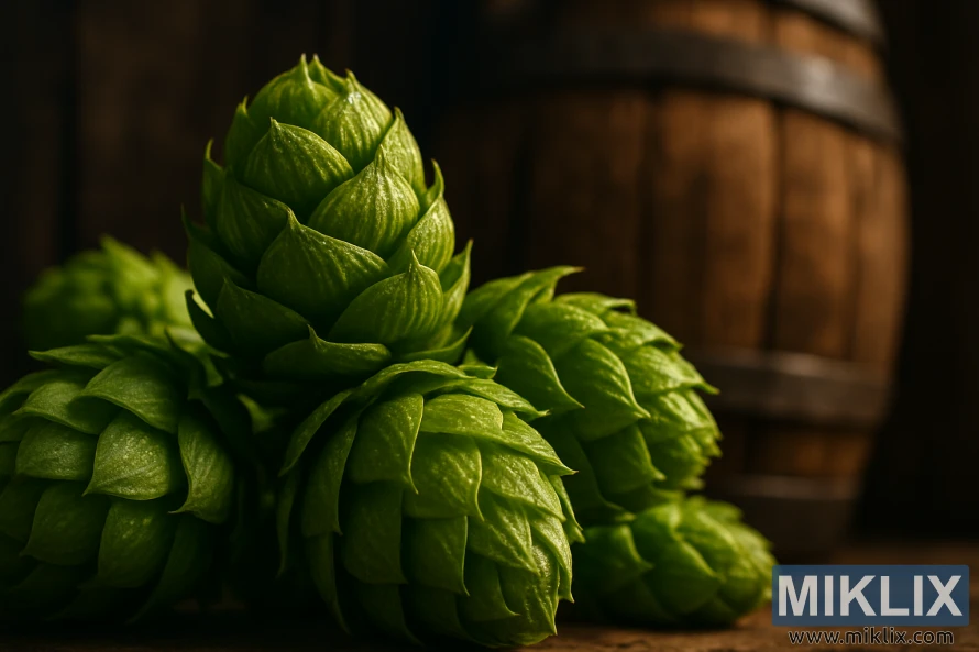 A close-up shot of freshly harvested Mosaic hops cones against a blurred backdrop of a wooden brewing barrel. The hops are vibrant green, their intricate lupulin glands glistening under warm, directional lighting that casts dramatic shadows. The foreground is sharp and in focus, drawing the viewer's attention to the subtle details and textures of the hops. In the middle ground, the wooden barrel provides a natural, earthy counterpoint, its weathered surface hinting at the artisanal process of beer making. The background is softly blurred, conveying a sense of depth and emphasizing the central subject. The overall composition and lighting evoke a rustic, handcrafted aesthetic that reflects the care and craftsmanship involved in using Mosaic hops in beer brewing.