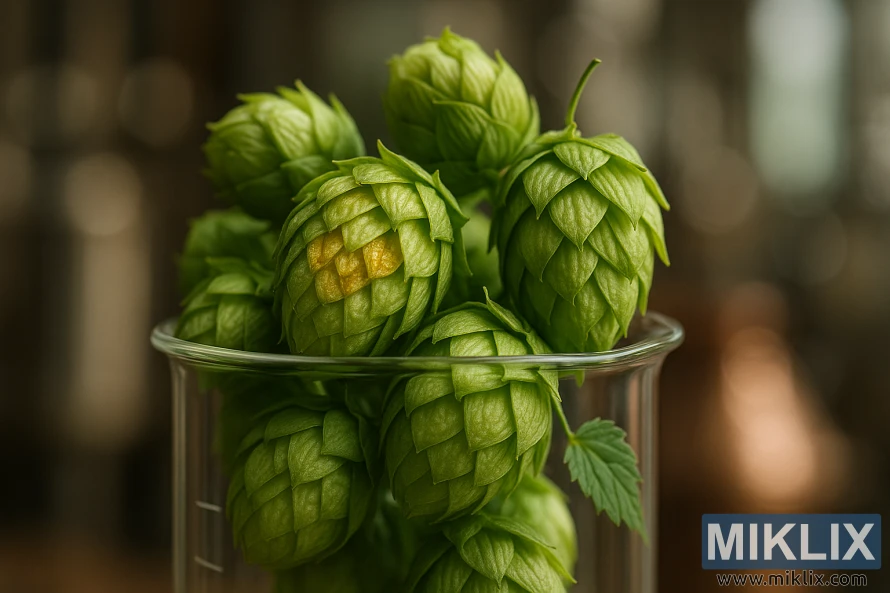 A close-up shot of Styrian Golding hop cones in a glass beaker, illuminated by soft, diffused natural light. The hops are vibrant green, with delicate golden lupulin glands visible. The beaker is set against a blurred background, hinting at the context of a brewery or beer-making environment. The composition emphasizes the intricate details and textures of the hops, inviting the viewer to appreciate their role in the brewing process. The overall mood is one of artisanal craftsmanship and the appreciation of natural ingredients.