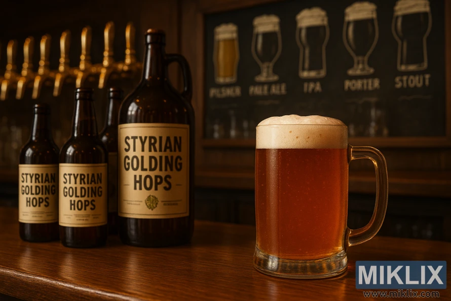 A cozy, well-lit brewpub interior, with a row of gleaming brass taps and a chalkboard menu highlighting a selection of craft beers. In the foreground, a frosty mug of amber-hued ale is placed prominently, its creamy head glistening under the warm lighting. The middle ground features an array of bottles and growlers, their labels prominently displaying the words &amp;quot;Styrian Golding Hops&amp;quot;. In the background, a wall-mounted chalkboard depicts stylized illustrations of various beer styles, from crisp pilsners to rich, malty stouts, all connected by the common thread of Styrian Golding hops. The overall atmosphere is one of rustic elegance, inviting the viewer to explore the flavorful world of beer brewed with this iconic hop variety.