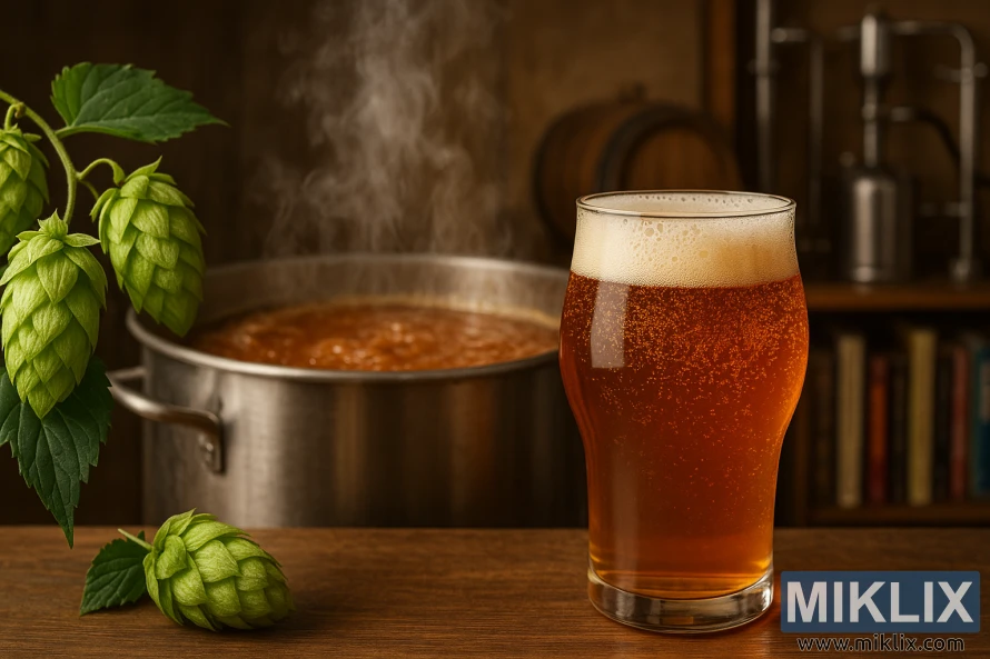 Chmiel Cascade pęka od soczystych, zielonych szyszek, a jego charakterystyczny aromat wypełnia powietrze. Na pierwszym planie kufel piwa o bursztynowej barwie uwydatnia żywiczne olejki chmielowe, tworząc żywy, cytrusowy bukiet. Na drugim planie miedziana brzeczka gotuje się w stalowym kotle warzelnym, z delikatnie unoszącymi się smużkami pary. W tle widać dobrze zorganizowane domowe warzenie piwa, z drewnianą beczką, metalowym sprzętem warzelniczym i regałem z materiałami piwowarskimi. Ciepłe, rozproszone oświetlenie tworzy przytulne światło, oddając rzemieślniczą istotę procesu warzenia piwa rzemieślniczego.