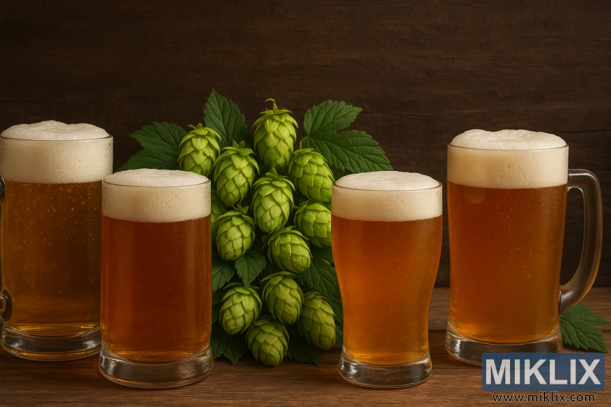 Style piwa Cascade Hops: Bogata gama stylów piw rzemieślniczych, prezentująca wszechstronny chmiel Cascade. Na pierwszym planie kolekcja szklanych kufli wypełnionych złocisto-bursztynowymi, cytrusowymi piwami typu ale, których piankowe korony lśnią w ciepłym, delikatnym oświetleniu. W tle kunsztowna kompozycja świeżych szyszek chmielu Cascade, ich soczyste zielone odcienie i delikatne kwiaty emanują kwiatowym, sosnowym aromatem. Tło stanowi rustykalne, drewniane tło, przywołujące ziemisty, naturalny charakter tej kultowej odmiany chmielu z północno-zachodniego Pacyfiku. Całość oddaje poczucie rzemiosła, jakości i idealnej harmonii składników, które definiują najlepsze style piwa Cascade.