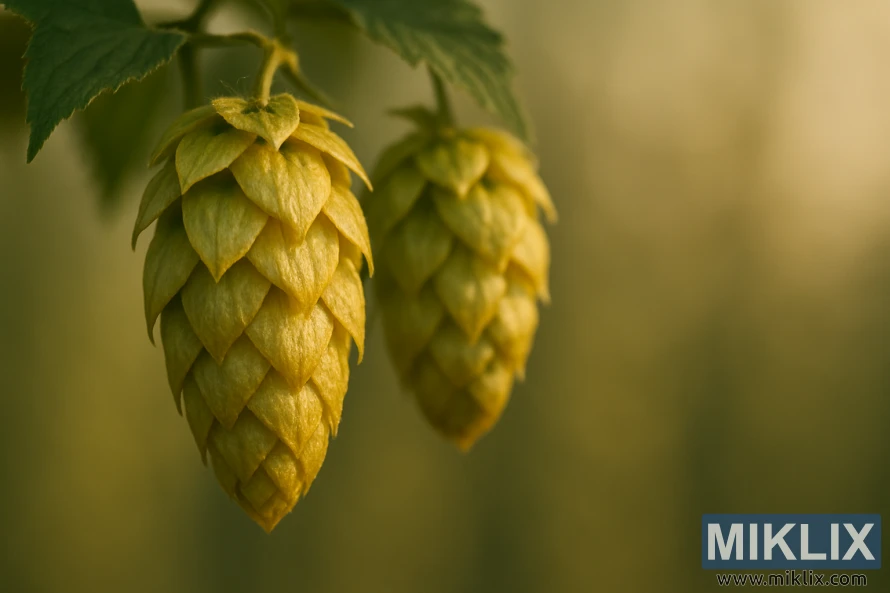 A close-up shot of Brewer's Gold hop cones against a soft, out-of-focus background. The hop cones are displayed in the foreground, showcasing their distinctive golden-yellow color and intricate lupulin glands. The lighting is warm and natural, highlighting the hop's velvety texture and resinous appearance. The depth of field is shallow, drawing the viewer's attention to the delicate details of the hop cones. The overall mood is one of curiosity and appreciation for the essential ingredient in the art of beer brewing.