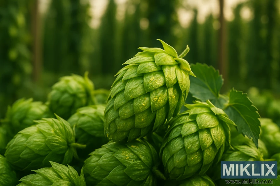 A close-up of freshly harvested bittering hops, their vibrant green cones glistening with golden lupulin glands. The hops are illuminated by warm, diffused light, casting soft shadows and highlighting the intricate textures of the leaves and flowers. The foreground is in sharp focus, drawing the viewer's attention to the delicate, resinous hop cones. The middle ground features a blurred backdrop of verdant hop bines and trellises, suggesting the lush, bountiful hop yard. The overall mood is one of artisanal craftsmanship and the natural beauty of this essential ingredient in the art of brewing.