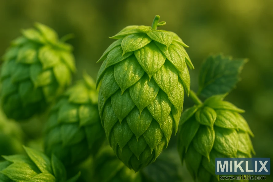A close-up, high-resolution photograph of several lush, green hop cones with their distinctive bitter aroma. The hop cones are in sharp focus, with a soft, blurred background that highlights their intricate textures and shapes. The lighting is natural, slightly diffused, casting a warm, golden glow that emphasizes the vibrant colors and sheen of the hops. The camera angle is slightly elevated, providing a detailed, almost tangible view of the essential characteristics of the Magnum hop variety, including its robust bitterness, bold resinous notes, and aromatic complexity.